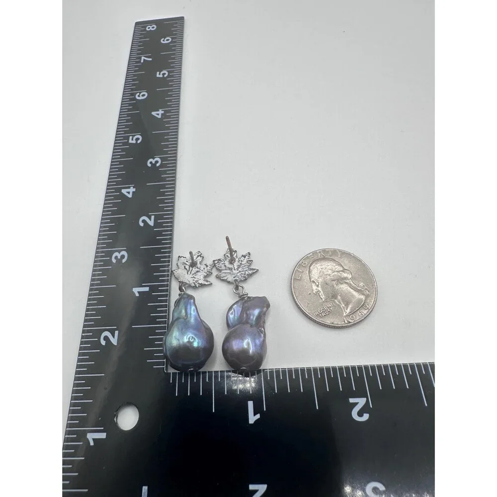 12mm Black Peacock Baroque Pearl Leaf Stud Earrings White Patina Bronze Handmade